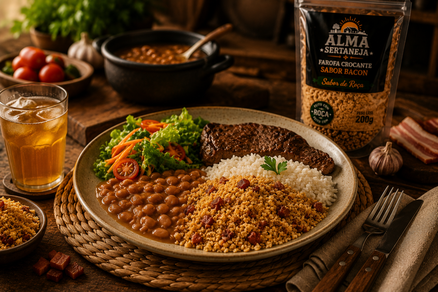 Almoço de domingo com arroz, feijão e farofa.
