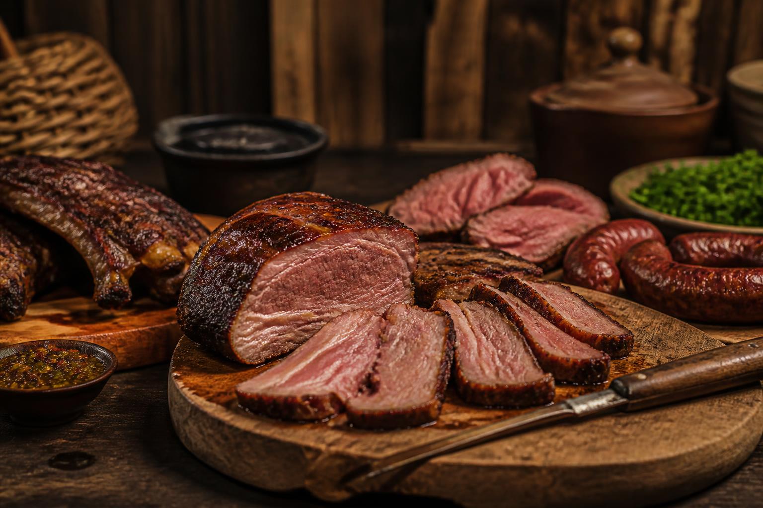 Carnes assadas servidas sobre tábua de madeira em fotografia editorial.