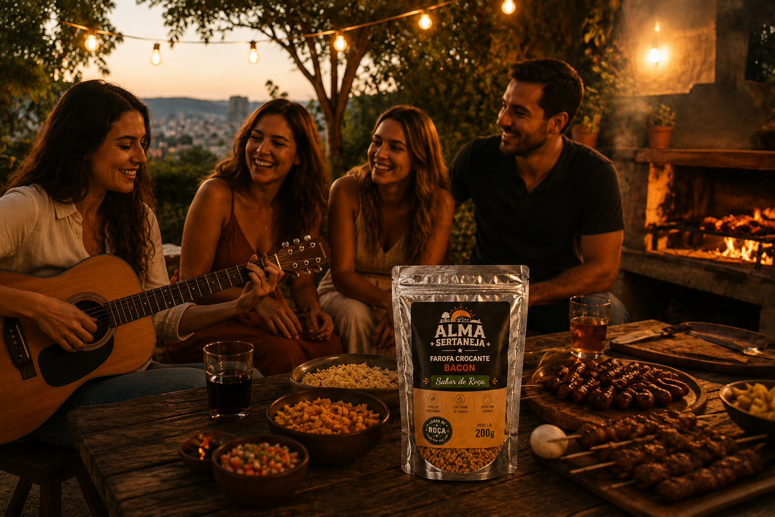 Encontro de amigos ao entardecer com violão e farofa Alma Sertaneja.